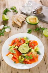 smoked salmon, avocado and fresh aromatics herbs.Holiday dining salad plate