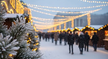 Fototapeta premium Festive winter holiday market scene with snow, golden bokeh lights, and blurred crowd.