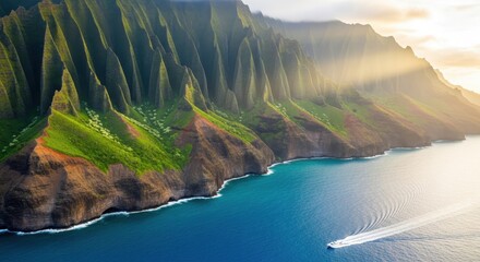 Dramatic tropical coastline with jagged emerald cliffs overlooking the blue ocean during sunrise.