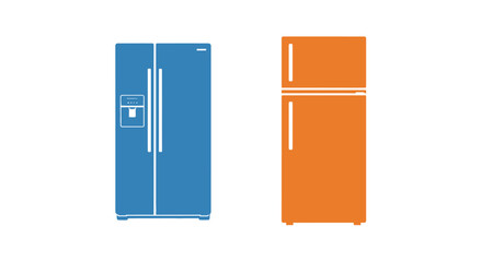 Side by side and top freezer refrigerators shown in blue and orange