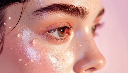 Close up of model's face with water droplets for fresh, clean skincare promotion