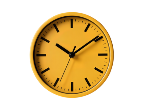 Yellow analog clock with black hands and markers