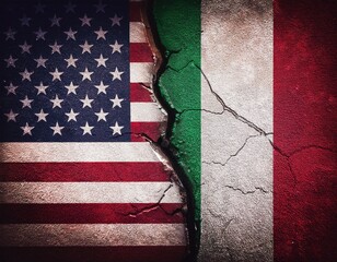cracked floor with usa and italy flag on each side