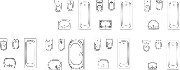 Drawing21.epsDiverse collection of bathroom fixtures in plan view, featuring multiple toilets, bidets, sinks, and bathtubs, for comprehensive architectural layouts.