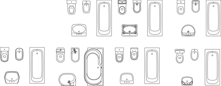 Drawing21.epsDiverse collection of bathroom fixtures in plan view, featuring multiple toilets, bidets, sinks, and bathtubs, for comprehensive architectural layouts.