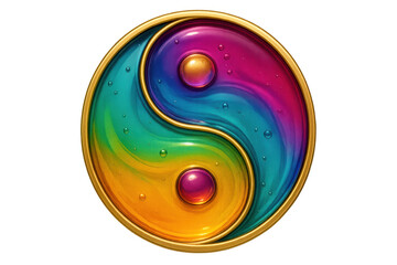 Glossy rainbow yin yang symbol with intricate details and a golden border. Showing balance, harmony, and spiritual duality. Transparent background