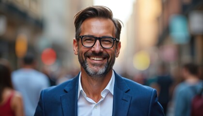 Fototapeta premium Smiling man in glasses, blue blazer walks through busy city street. Confident male professionally dressed, with stylish hair, beard, looking friendly. Urban setting, daytime, shallow depth of field.