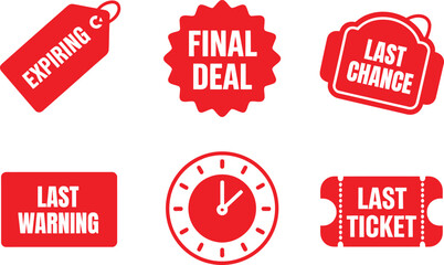 Expiring deal, final chance, last warning, countdown timer, last ticket icons. Limited time offers. Vector illustration