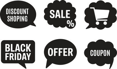 Discount, sale, Black Friday, coupon, shopping offer speech bubbles, promotion icons. Vector illustration
