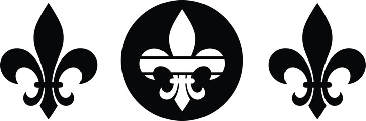 Black Silhouette Fleur-de-lis Symbol Vector Set Representing Royalty, Heraldry, French Culture, and Scouting Icon.