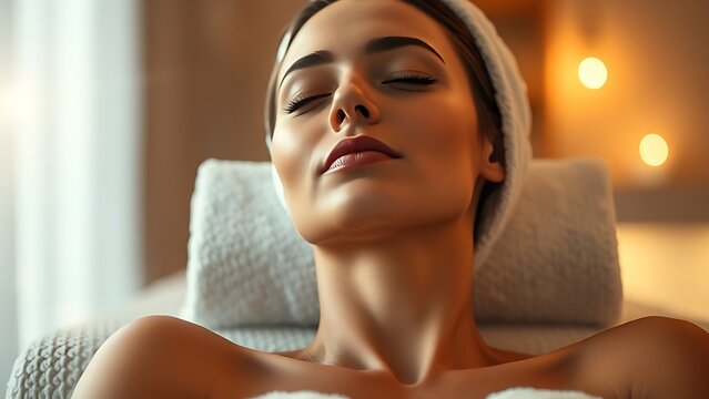 Relaxed woman in a spa with closed eyes and a soft towel wrap.