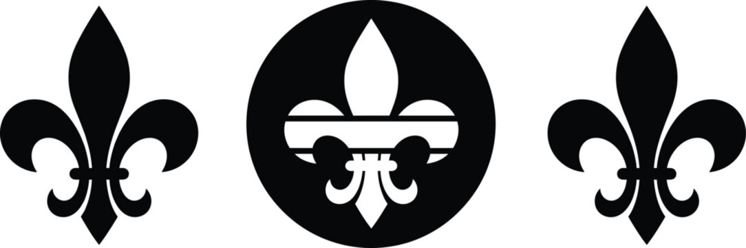 Black Silhouette Fleur-de-lis Symbol Vector Set Representing Royalty, Heraldry, French Culture, and Scouting Icon.