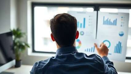 Business analyst reviewing charts at a desk, portraying focus and professionalism in the workplace.