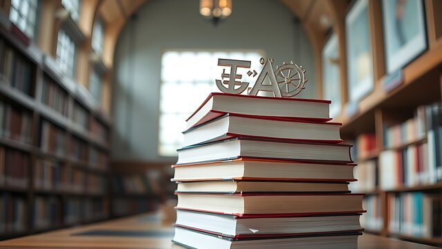 Stack of books adorned with mathematical symbols, academic ambiance from above.