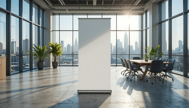 Modern office meeting room with large window view mockup