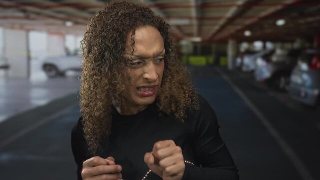 Transgender hispanic woman wearing black top clutches fist by face amid parked cars in indoor parking building; disgust revulsion discomfort.