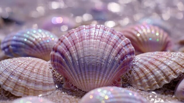 Beautiful iridescent scallop seashell rests gently on the sand washed by ocean foam.