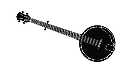 A simple black and white illustration of a five string banjo instrument