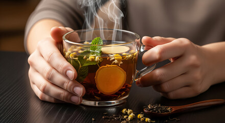 Hands with aromatic herbal tea at black table, closeup