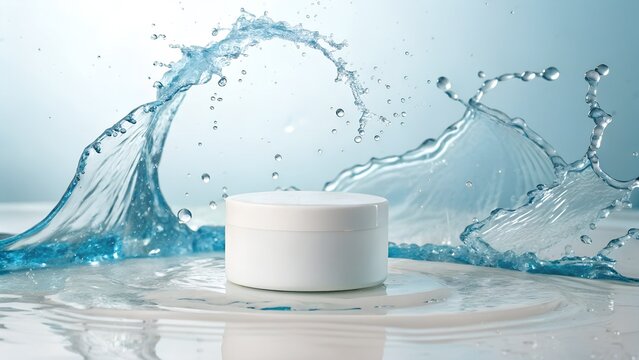 Elegant moisturizer jar with dynamic water splash effect for captivating skincare ads and product promotions