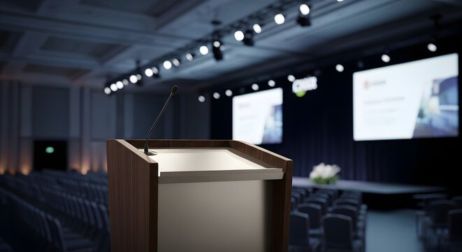 Podium microphone conference stage event presentation speaker lectern auditorium platform speech hall room
