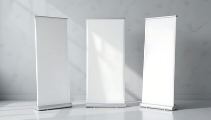 Three blank roll up banner stands in a studio mockup
