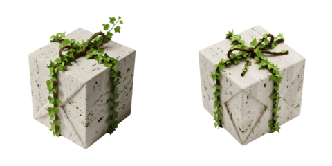 Two concrete cubes with green vines isolated on transparent background