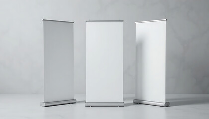 Three blank roll up banner stands on a white background