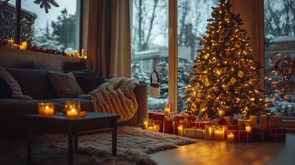 Winter living room interior decorated Christmas tree glowing candles cozy textures holiday mood no people visible