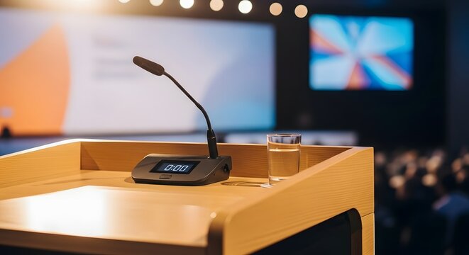 Conference presentation podium microphone speaker audience stage event public speaking seminar lecture