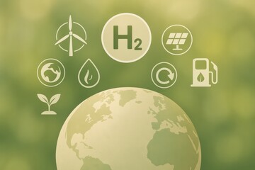 Illustration of sustainable energy concepts including hydrogen, wind, and solar power surrounding Earth. Symbolizes eco-friendliness, innovation, and renewable future.