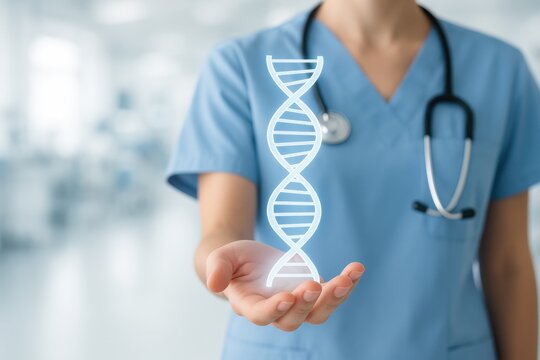 Healthcare professional holding a digital DNA model symbolizing innovation in genetics and biomedicine. Concept of technology, health research, and modern medicine advancements.