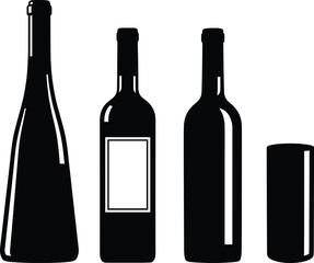 Black Silhouette Wine Bottle Vector Set Showing Various Shapes, Label Area, and Cork for Bar and Beverage Design.
