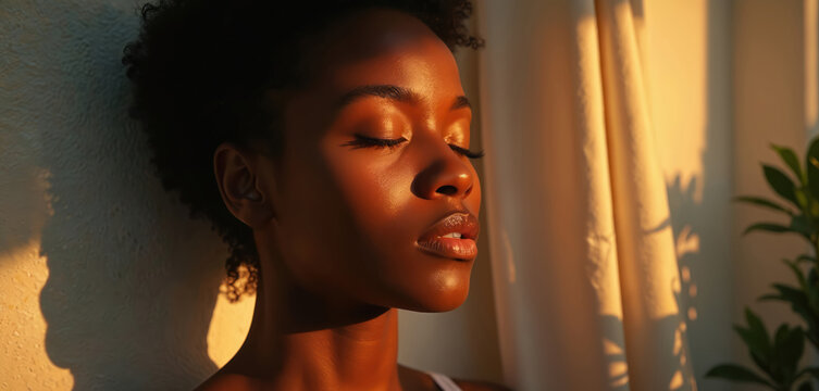 Young black woman closes eyes in golden sunlight. Her serene face glows with warm light, reflecting peace and natural beauty. Soft shadows play on the wall behind her.