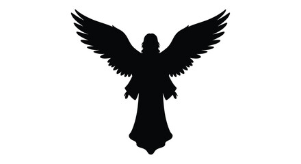 A striking black silhouette of an angel with outstretched wings