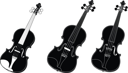 Black Silhouette Violin Instrument Vector Illustration Set for Classical Music, Orchestra, and Art Design.
