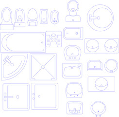 Vector line drawings of bathroom fixtures in plan view, including toilets, bathtubs, sinks, and showers, essential for architectural layouts.