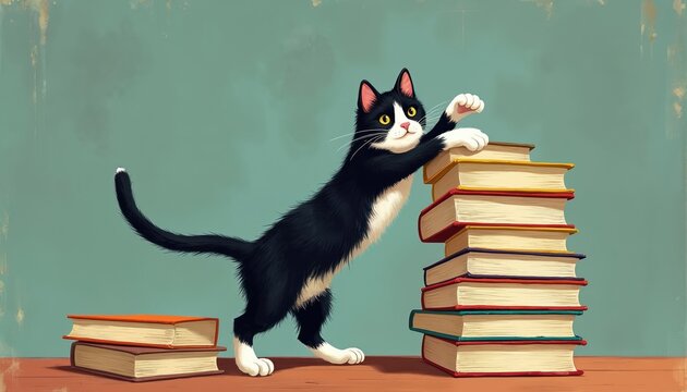Cartoon illustration of black and white cat interacting with books. Playful feline pushes stack of reading materials. Vintage retro style artwork portrays study theme.
