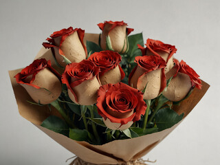 A Bouquet of Six Red Roses Wrapped in White. Generative Ai