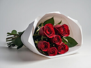 A Bouquet of Six Red Roses Wrapped in White. Generative Ai