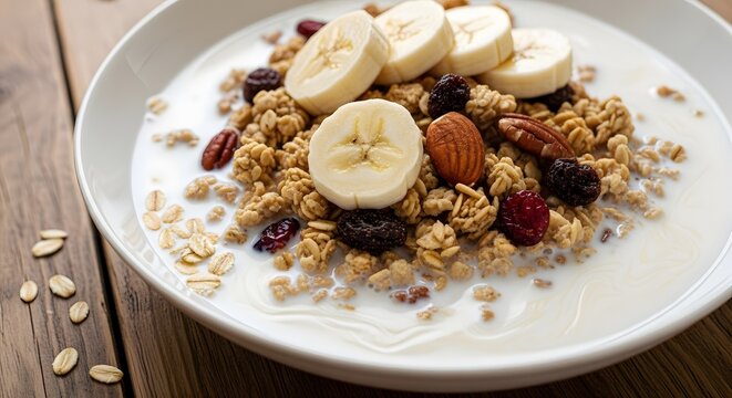 Delicious breakfast bowl with banana granola nuts and milk healthy food nutrition and tasty morning meal bowl