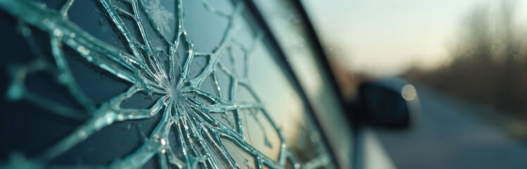 Close up photo of crashed car windshield with broken glass. Accident damage shows shattered cracks after collision. Glass fragments are visible illustrating the impact force.