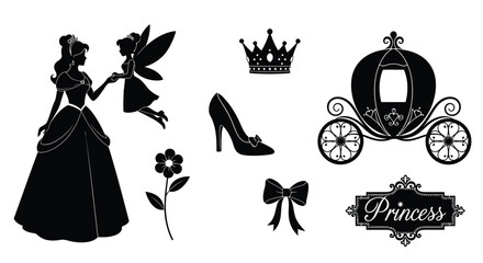 A collection of fairytale elements including a princess fairy and carriage © MdGolam