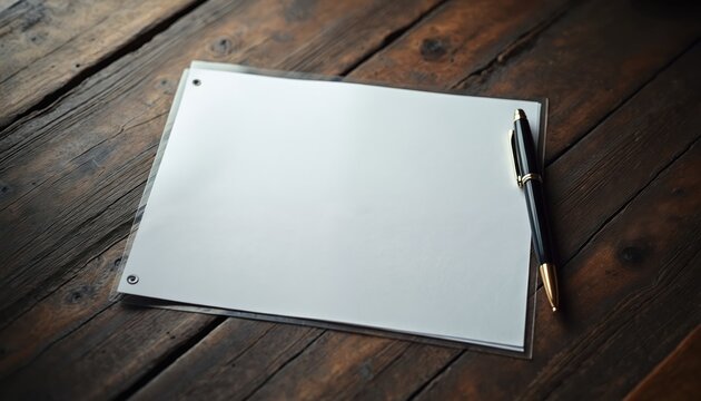Blank paper sheet sits on wooden table next to pen. Ready for writing answers tests or exam responses. Minimalist workspace setup, clear document awaits.