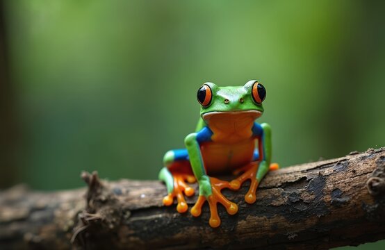 Green tree frog with bright orange eyes and blue and red stripes sits on a mossy branch. Small amphibian looks forward with blurry jungle background. Fauna detail.