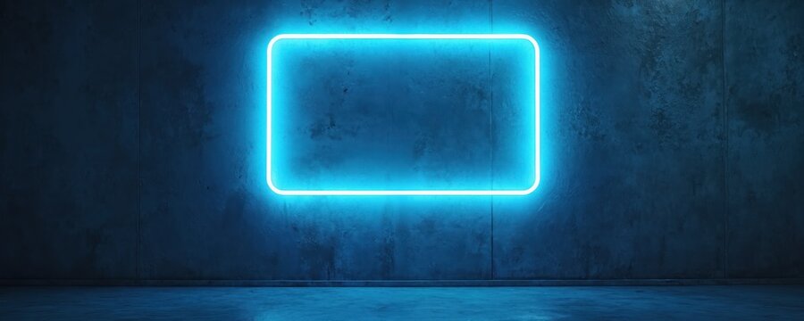 Bright blue neon rectangle glows on textured dark wall. Blank space inside frame for text overlay. Modern abstract backdrop with concrete floor.