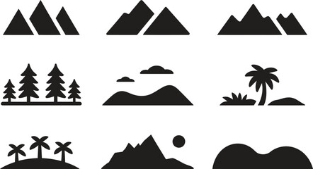 Mountain, landscape, tree, hill, nature scenery icons. Vector illustration