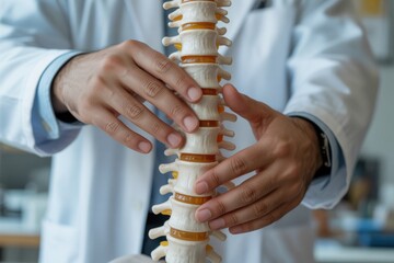 Healthcare professional examining a spine model, illustrating anatomy and medical education. Concept of chiropractic care, physical therapy, and patient wellness.