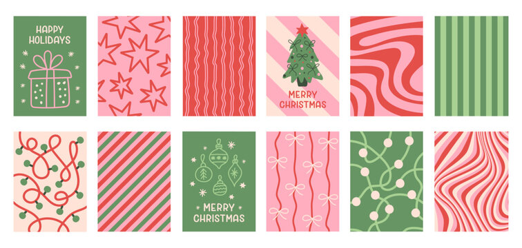 Christmas set of colorful festive backgrounds. Season collection simple vertical cards, banners, prints or posters. Green, red, pink colors. Vector illustration
