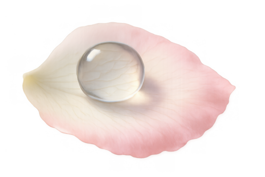 Water drop resting on delicate pink flower petal showing freshness and purity with transparent background